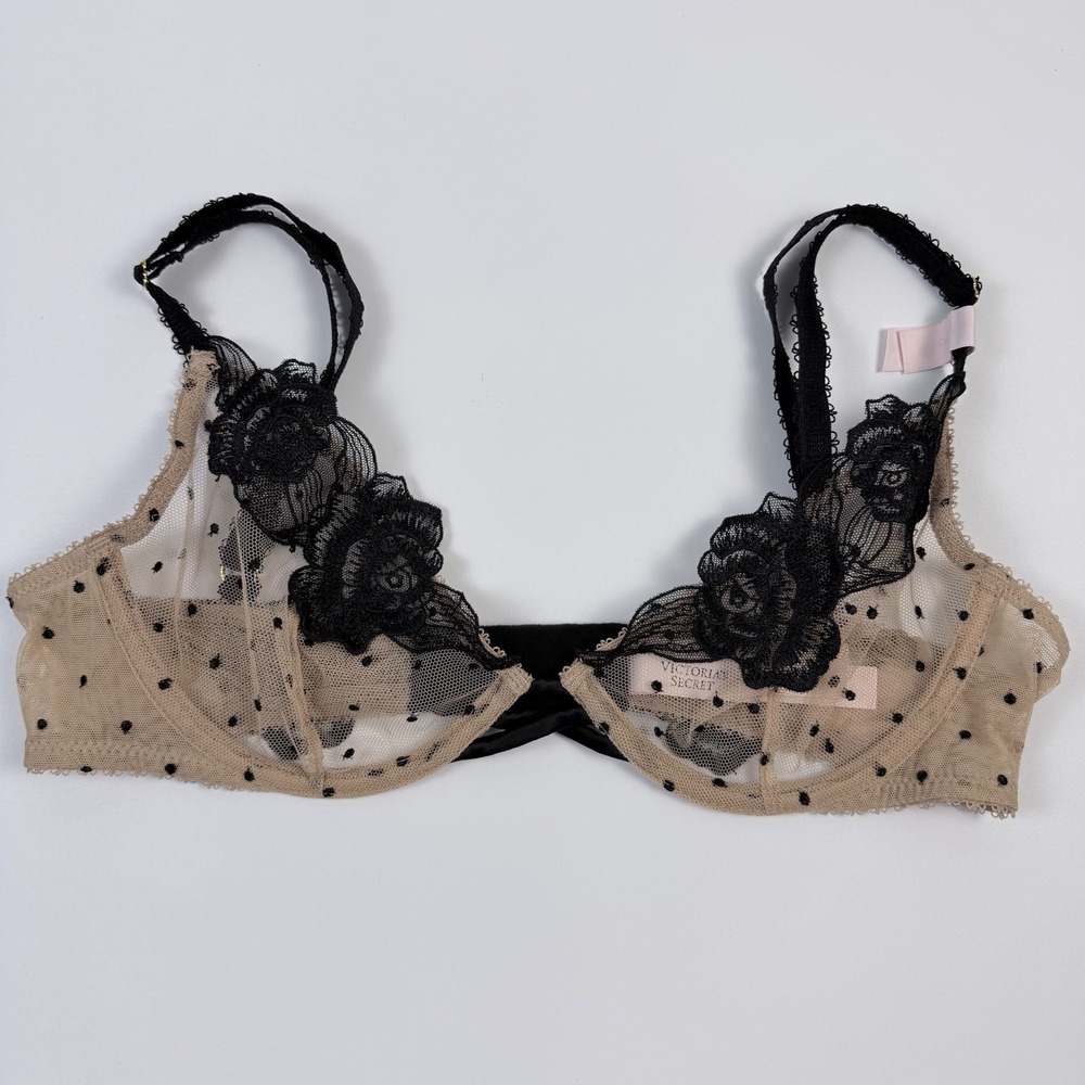 Victoria's Secret Tease Unlined Demi Bra Beige Black Polka Dot Mesh Lace 32D NWT - Picture 2 of 5